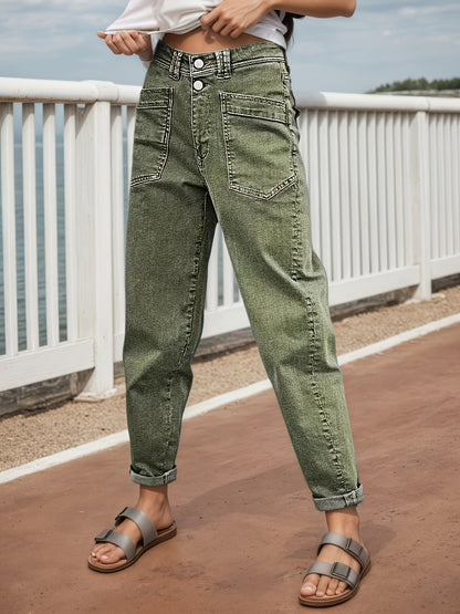 Women's Mid-Rise Distressed Stretch Jeans - Retro Button Placket & Slanted Straight-Leg Loose Fit Pants with Belt Loops, Olive Green/Brown Washed, Machine Washable All-Season Casual Trousers Suitable for Casual Attire & Layering