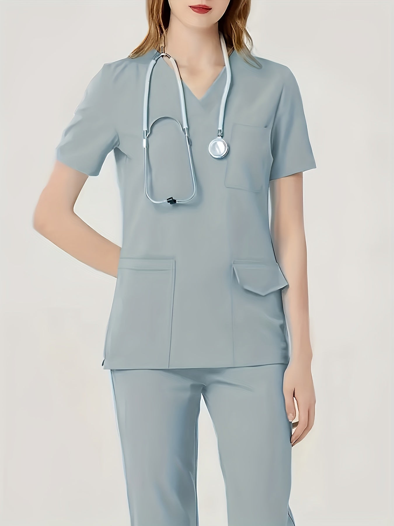 Ultra-Soft Womens Two-Piece Health Care Uniform Set - Stylish V-Neck Top With Practical Pockets & Sleek Solid Pants - Premium Quality, Comfortable Everyday Wear For Women