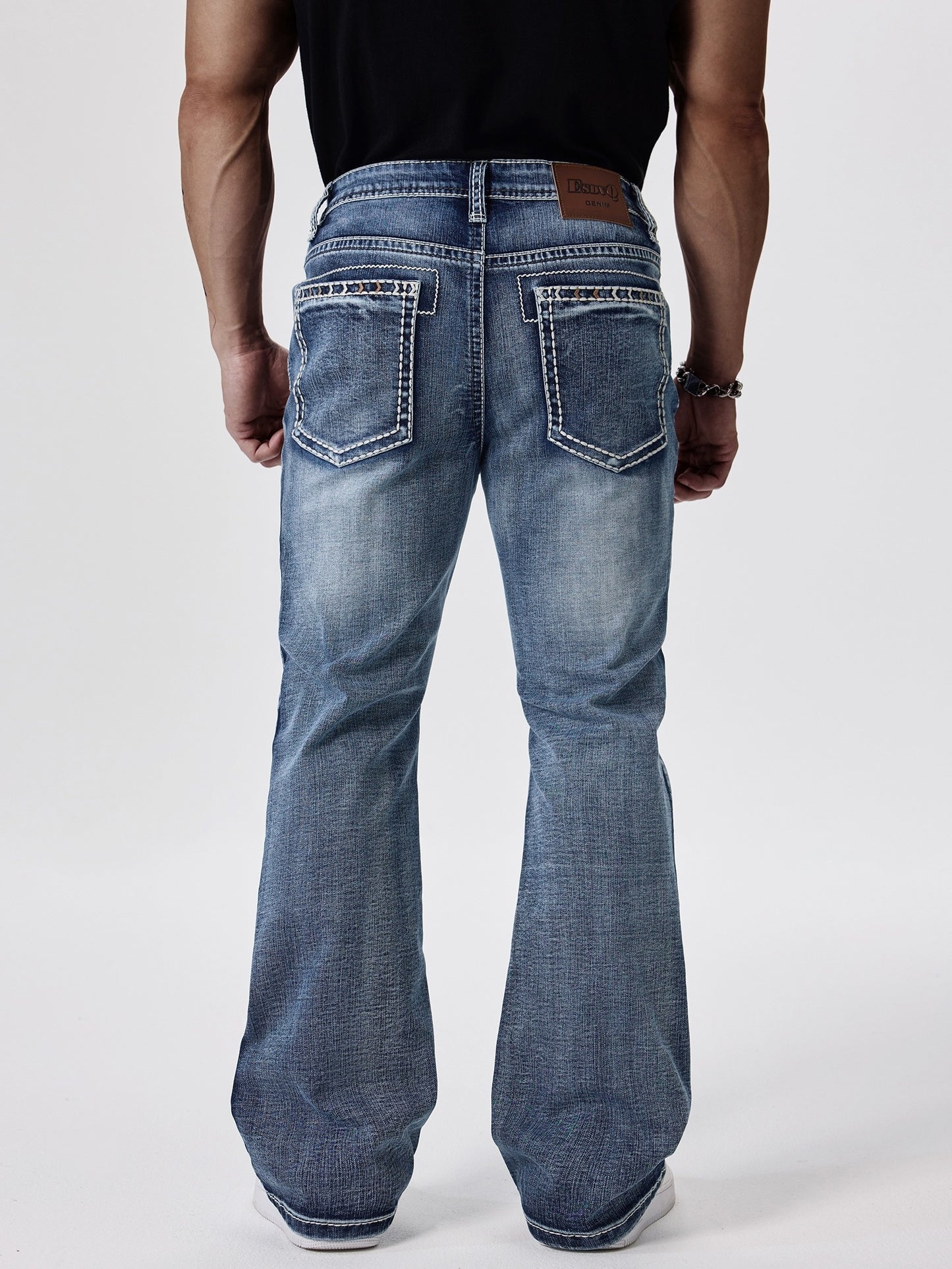 ESDVQ Men's Slim-Fit Classic Washed Denim Bell-Bottom Jeans - Mid-Stretch Machine-Washable Flared Pants with Suitable for All-Season Wear, Comfortable Stretchable Bell-Bottoms for Casual & Dressy Outfits