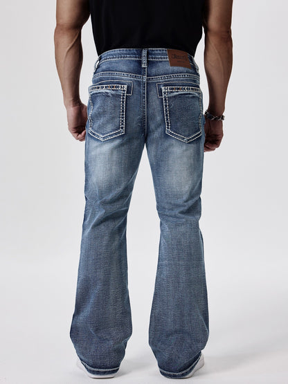 ESDVQ Men's Slim-Fit Classic Washed Denim Bell-Bottom Jeans - Mid-Stretch Machine-Washable Flared Pants with Suitable for All-Season Wear, Comfortable Stretchable Bell-Bottoms for Casual & Dressy Outfits