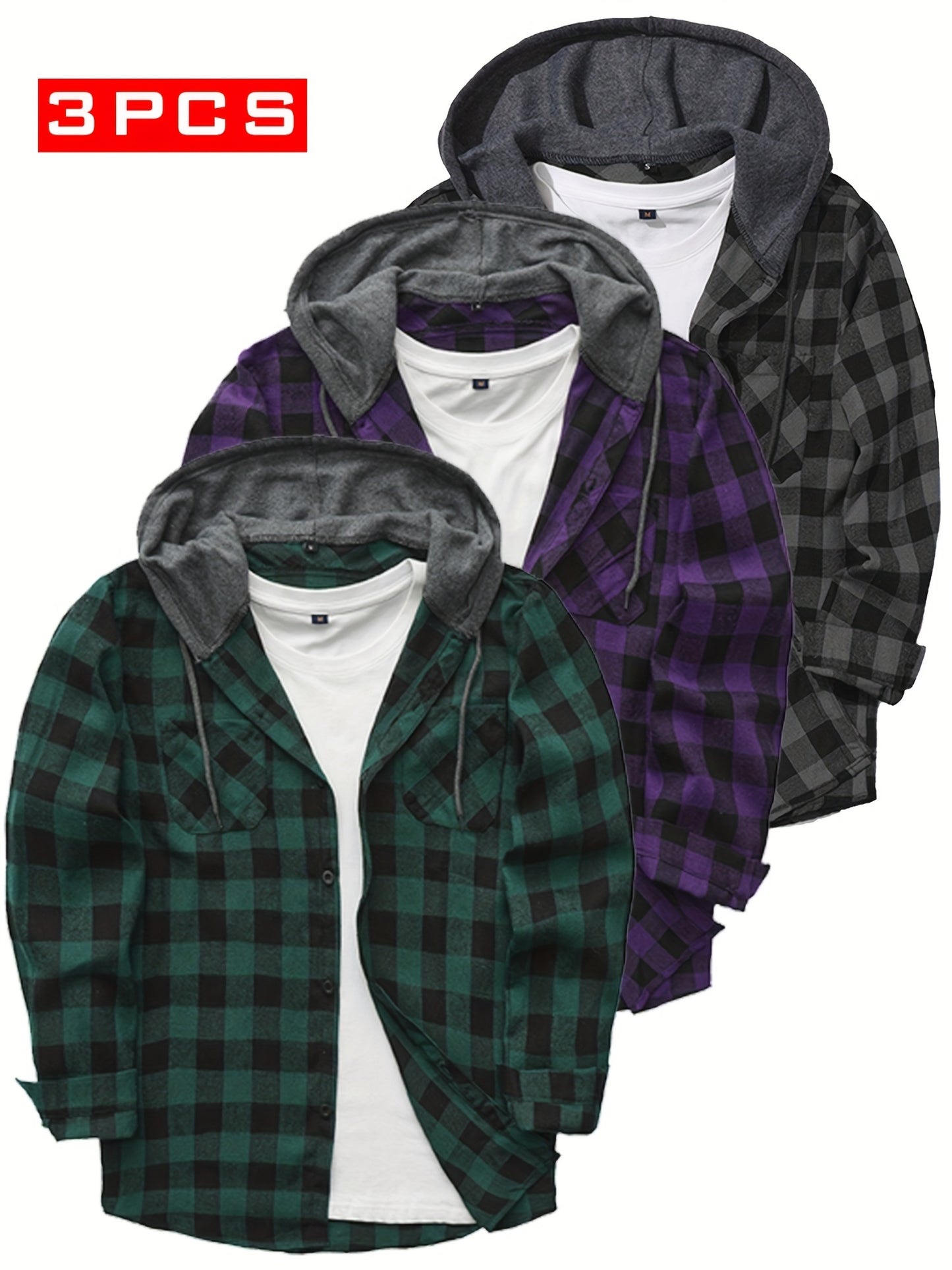 3 Pack Flannel Shirt for Men Long Sleeve Plaid Hoodie Shirt Casual Button Shirt Hooded Fall Jacket with Pocket