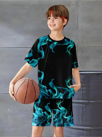 6pcs Set of Easy And Stylish Flame Outfits, 3D Printed Casual Short-Sleeve T-Shirts + Shorts. Outdoor T-Shirt And Shorts Set, for Outdoor