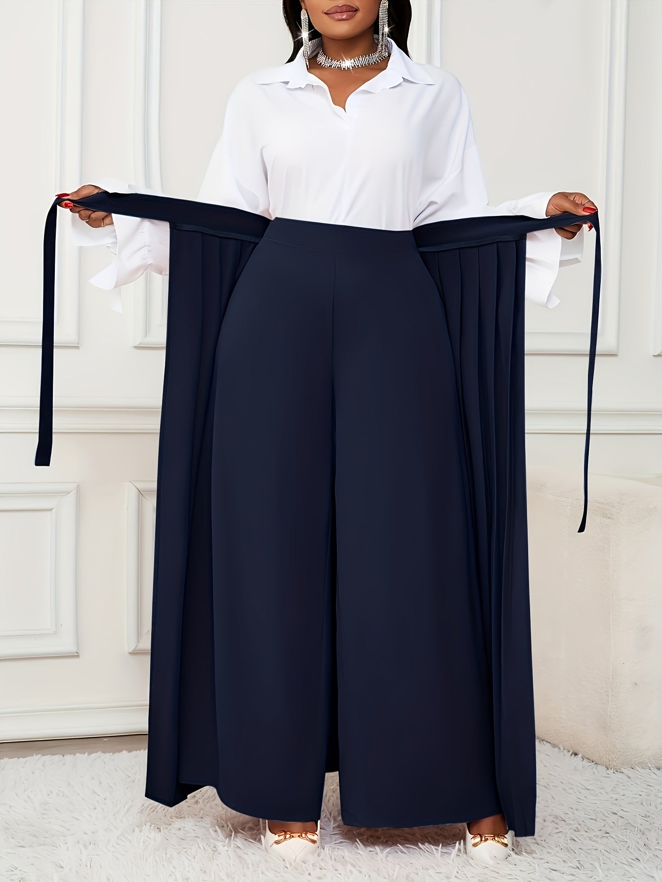 Plus Size - Plus-size Women'S Pants With Elegant Pleats, Removable Design, Two-way Wear, Straight-leg Style, Retro Chic, Casual, Suitable For All Seasons Throughout The Year.