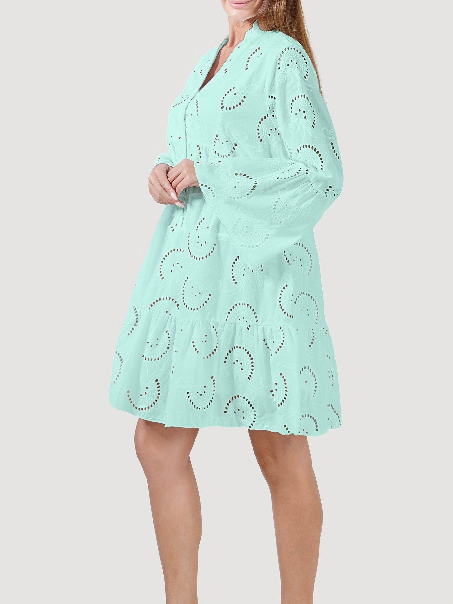 Elegant Mint Green V-Neck Shirt Dress with Bell Sleeves and Lace Cut-Out Detail - Chic Long Casual Dress for Women, Ideal for Home Gatherings and Parties, Casual Party Dress|Bell Sleeve Dress|Machine Washable Dress, Cute Dresses