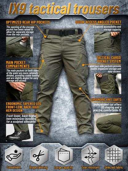 IX9 Men's Outdoor Tactical Overalls- Quick-drying, Breathable, Tear-resistant Outdoor Work Pants and Camping Trousers with Multi-pocket Design, Slim Fit and 3D Tailoring for Climbing, Camping, Hiking, Fishing- All-season Casual Wear