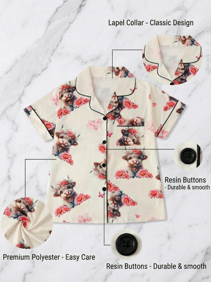 [3pcs Women's Pajama Set] 3pcs Casual Women's Pajama Set | Features A Lapel Collar, Short-sleeved Top with Button Closure, Paired with Shorts And Long Pants, Adorned with Floral And Cow Patterns. Comfortable Loungewear Suitable for All Seasons