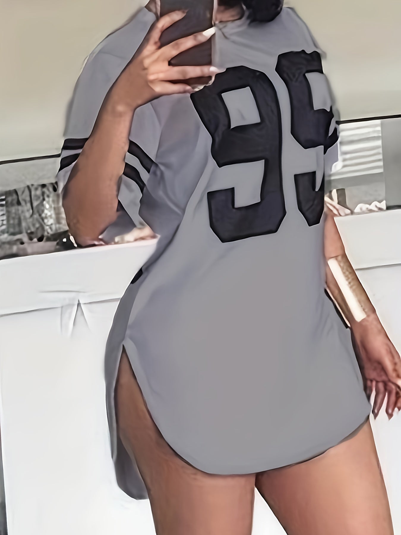 Plus Size - Plus Size - Plus Size Women'S Number Print Casual Dress - Loose Fit Round Neck Short Sleeve Design with Side Slit Hem, Comfortable for Year-Round Wear, Perfect for Spring And Summer