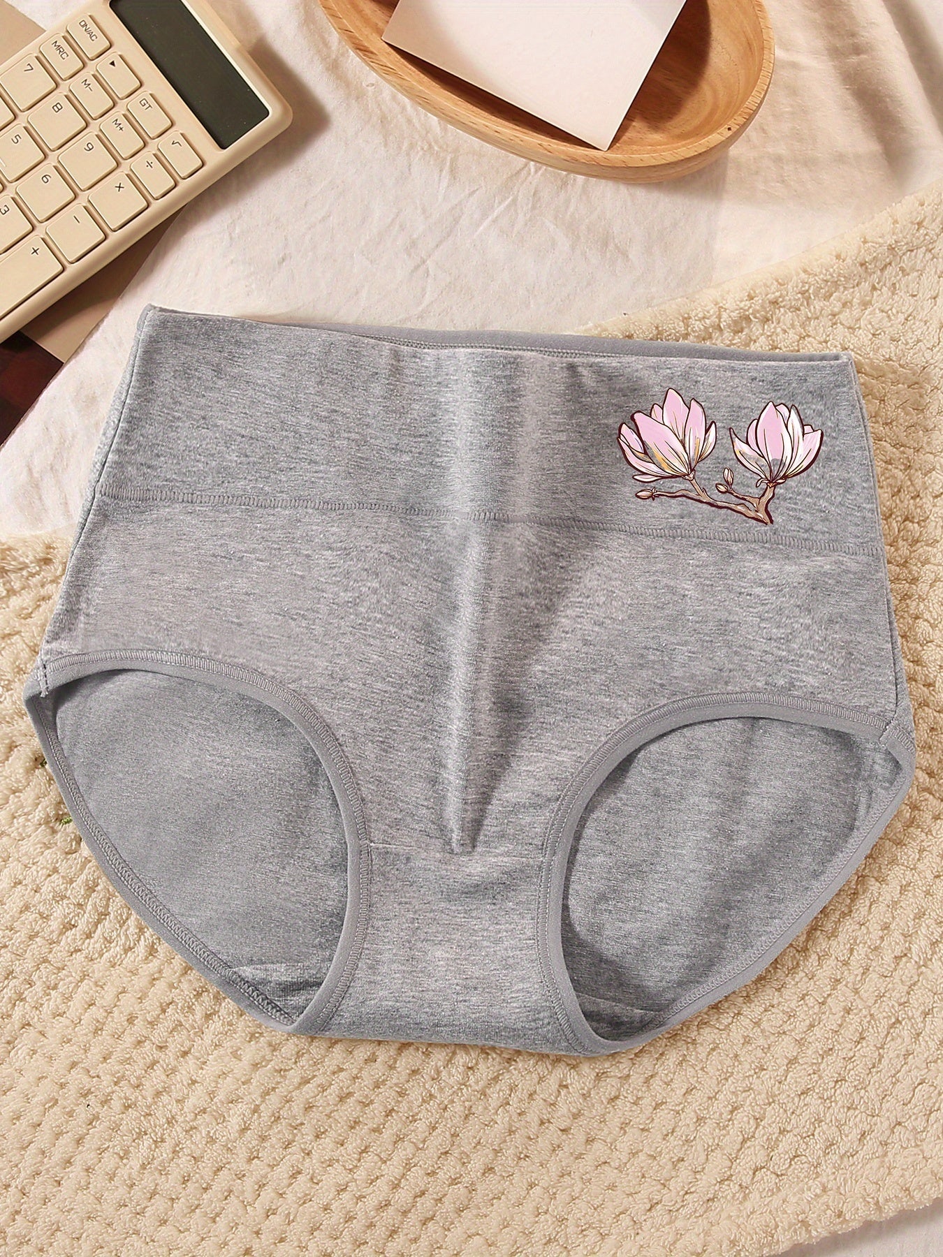 5pcs Women'S High-Waisted Briefs with Floral Embroidery - Soft Breathable Underwear in Light Blue, Peach, Beige, Gray, And Red, High Waisted Underwear, Comfortable Underwear, Minimalist Design, Smooth Texture