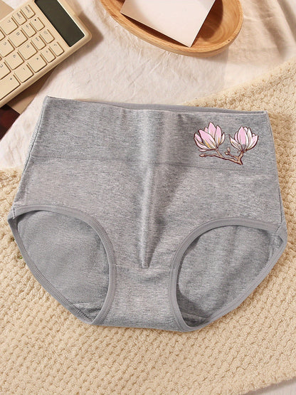 5pcs Women'S High-Waisted Briefs with Floral Embroidery - Soft Breathable Underwear in Light Blue, Peach, Beige, Gray, And Red, High Waisted Underwear, Comfortable Underwear, Minimalist Design, Smooth Texture