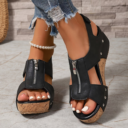 Women's New Retro Peep-Toe Wedge Thick-Soled Zipper Sandals High Quality Platform Height-Enhancing Casual Sandals Vacation Comfortable Fashion Ethnic Style, Women Shoes