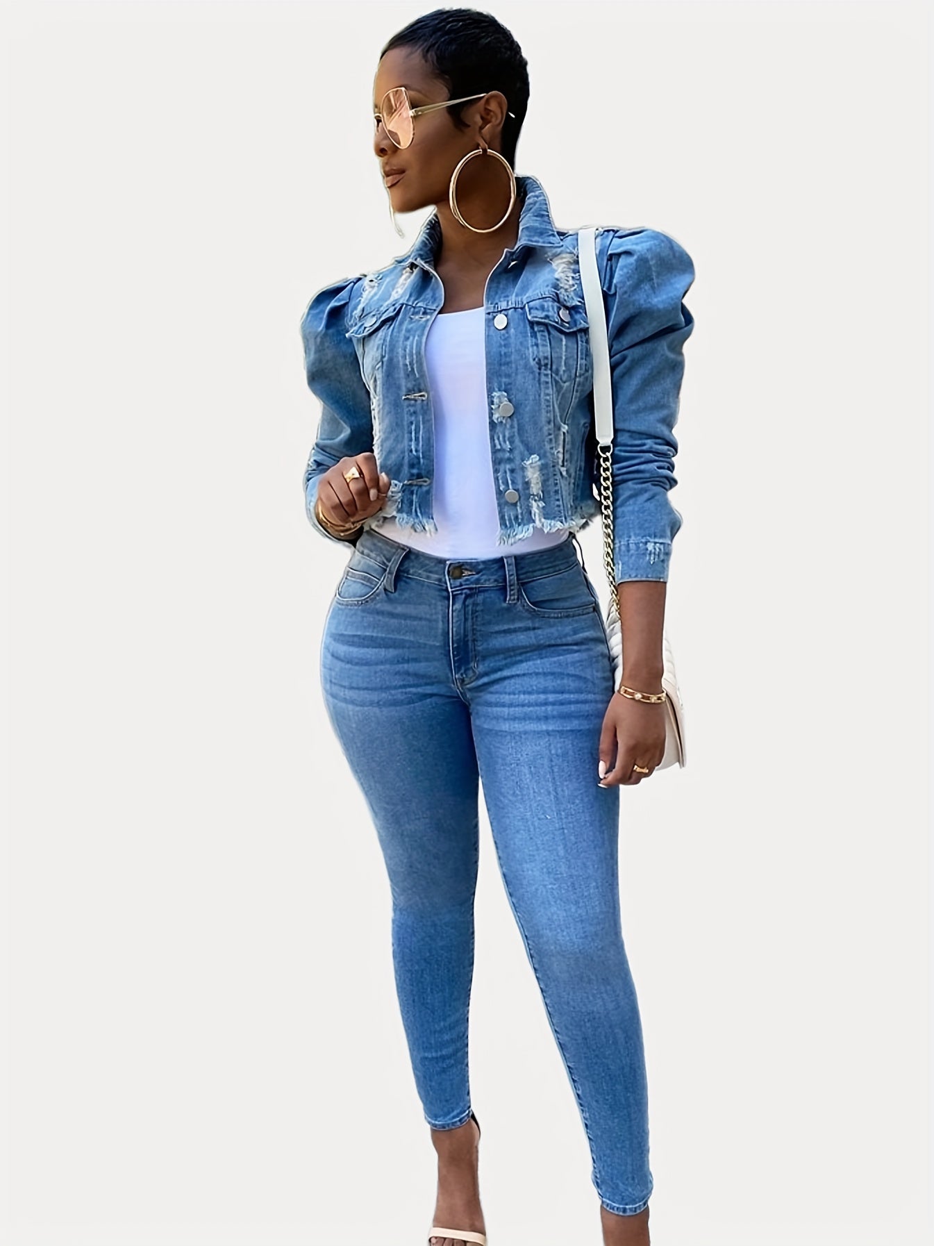 Women's Ripped Denim Jacket Casual Long Puff Sleeve Button Cropped Jean Coats for Women