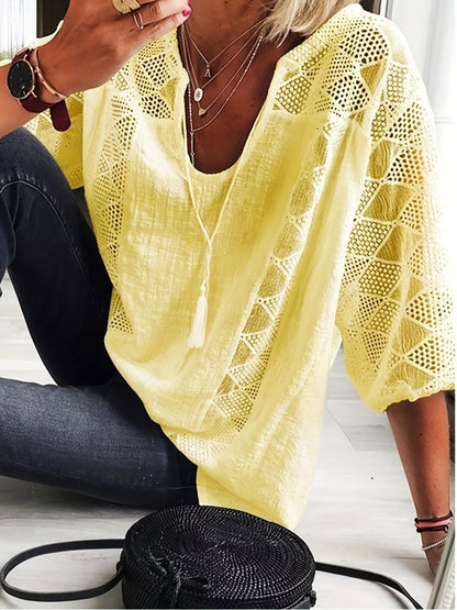 Plus Size - Plus Size - Plus Size Women'S 3/4 Sleeve Lined Tunic Top - Light Gray V-Neck Casual Loose Fit Shirt with Geometric Eyelet Detailing, High-Quality Autumn Tee for Layering Or Standalone Outfits, L-5XL
