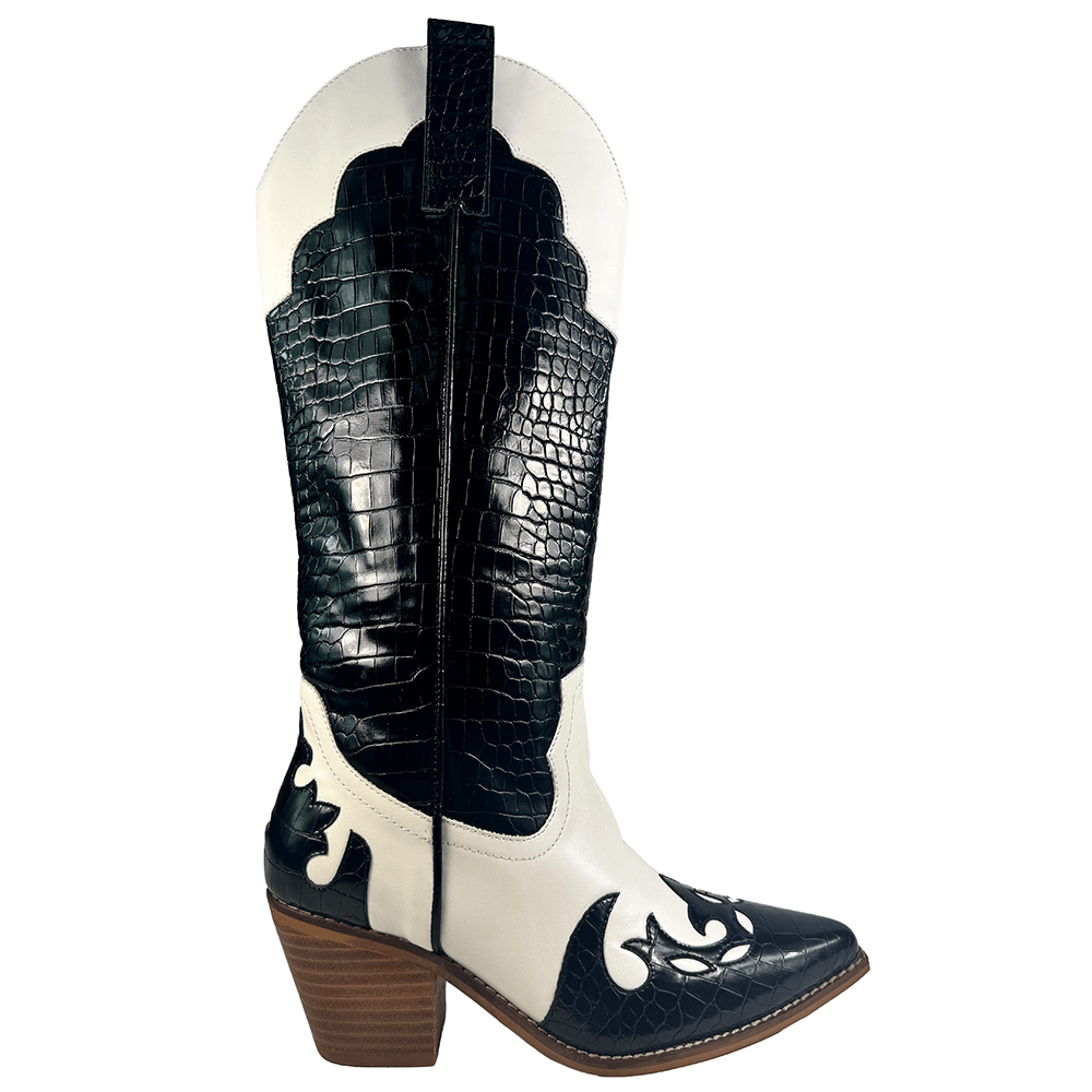 ARiderGirl Pamela Women's Western Cowboy Knee-High Boots Crocodile Printed Chunky Stacked Heel Pointed Toe Boots