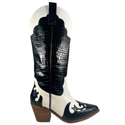 ARiderGirl Pamela Women's Western Cowboy Knee-High Boots Crocodile Printed Chunky Stacked Heel Pointed Toe Boots
