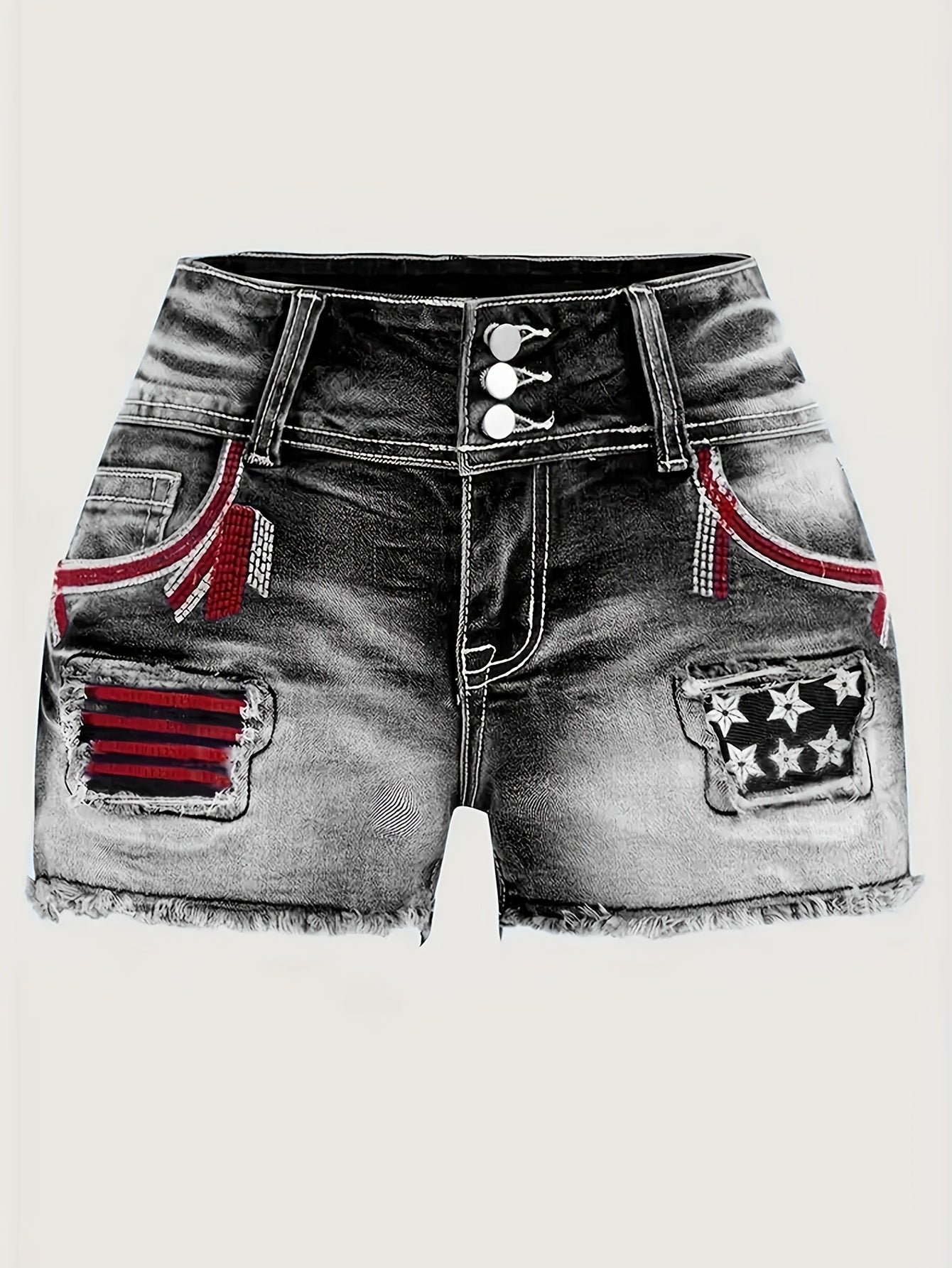 Women's High-Elasticity Embroidered Distressed Denim Shorts - Casual Stretch Fit with Raw Hem, Star Pattern & Patchwork Details, Machine Washable Spring/Summer Shorts, Summer Casualwear, Highelasticity Fabric, Embroidered Details
