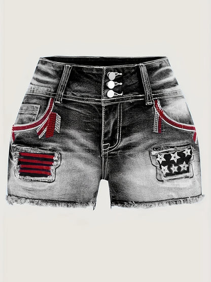 Women's High-Elasticity Embroidered Distressed Denim Shorts - Casual Stretch Fit with Raw Hem, Star Pattern & Patchwork Details, Machine Washable Spring/Summer Shorts, Summer Casualwear, Highelasticity Fabric, Embroidered Details