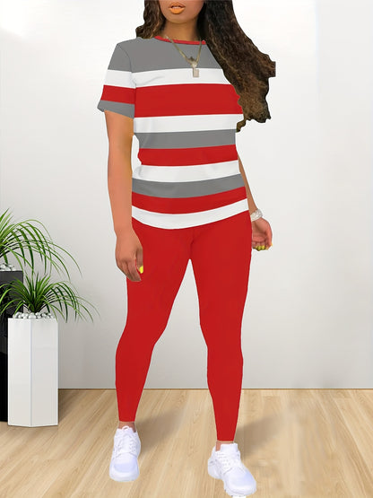 Women's Red Polyester Striped Short-Sleeve Pants - product view 8