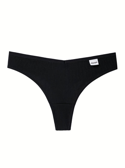 8pcs Solid Ribbed Label Patched Thongs, Sexy Comfy Breathable Stretchy Intimates Panties, Women'S Lingerie & Underwear