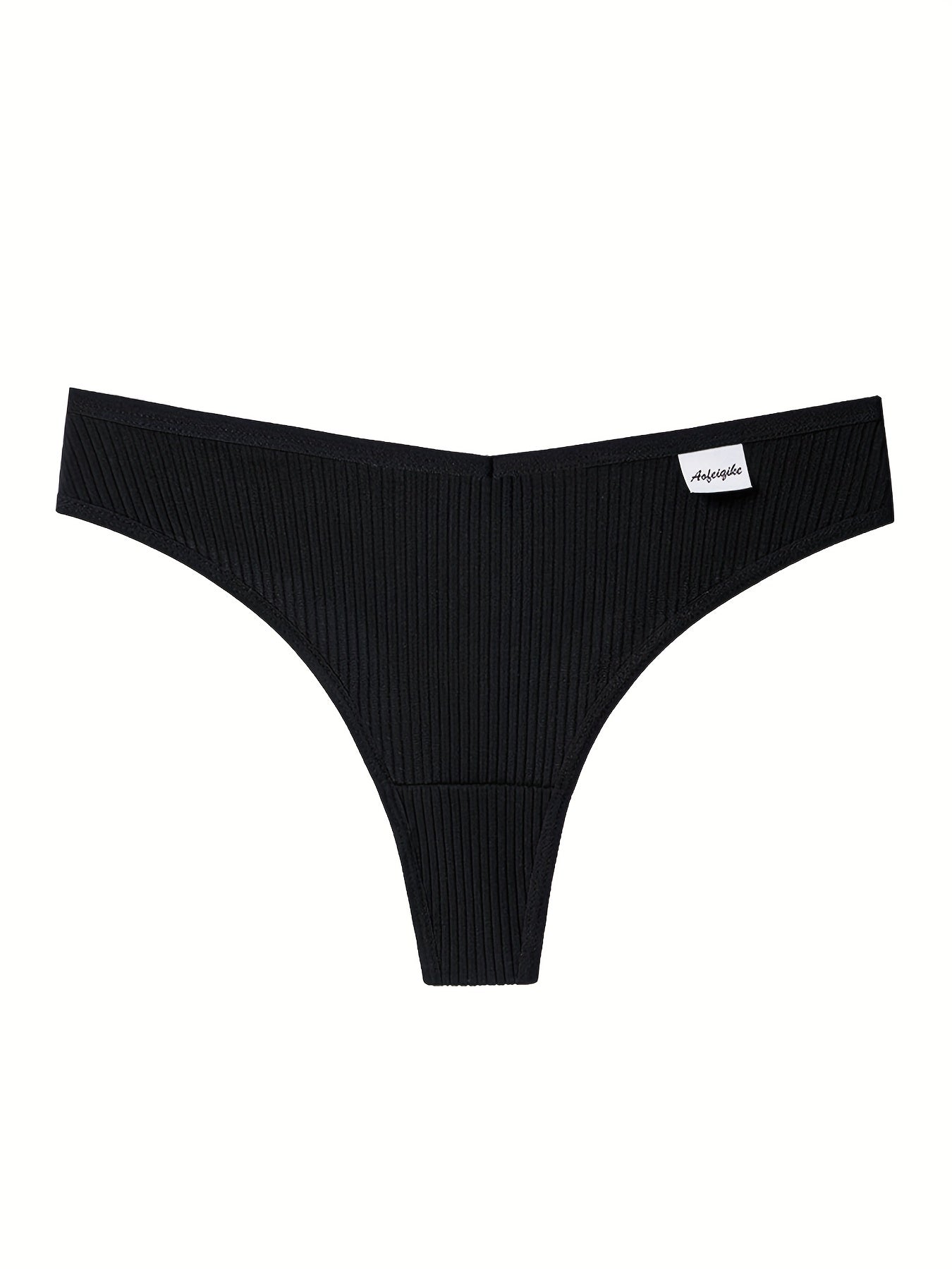 8pcs Solid Ribbed Label Patched Thongs, Sexy Comfy Breathable Stretchy Intimates Panties, Women'S Lingerie & Underwear