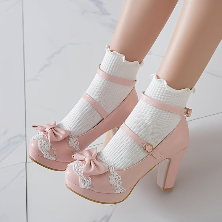 Elegant Women's Kawaii Mary Jane Pumps with Bow Tie & Lace Trim - Pink Block Heel Dress Shoes, Versatile Lolita Style for Parties & Work, Round Toe, Ankle Strap, Faux Cover Upper & Rubber Sole, Ladies Shoes Dressy