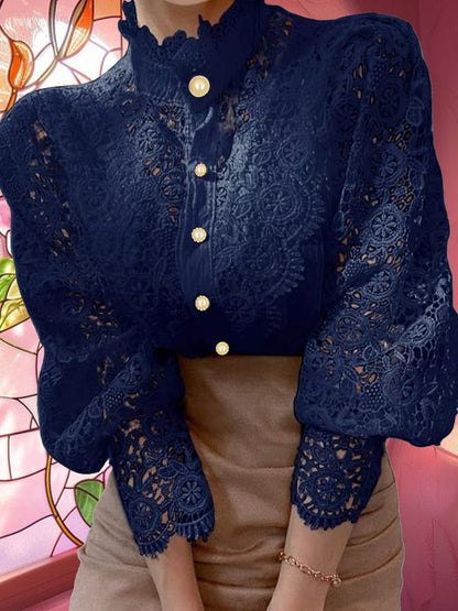 Women's Shirt Heavy Lace Hollow Flower Long Sleeve Lace Stand Collar Pearl French Button Top Shirt