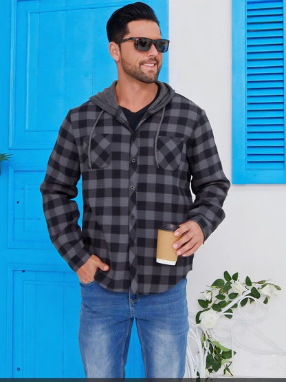 3 Pack Flannel Shirt for Men Long Sleeve Plaid Hoodie Shirt Casual Button Shirt Hooded Fall Jacket with Pocket