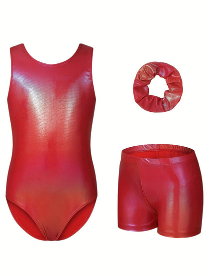 Girls' Sleeveless Gymnastics Bodysuit + Shorts + Headwear, Perfect for Outdoor