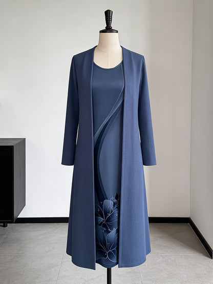 2pcss Set, Vest Style Dress+Long Sleeved Jacket Cardigan, Women'S Fashionable Dress Set, Floral Print Dress Cardigan Top Paired with Waist Cinching Long Skirt 2pcss Set, Elegant Temperament, Suitable for Wearing on The Street