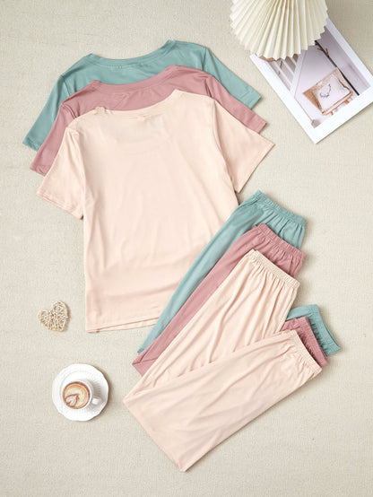 6pcs Set of New Women's Pajamas, 3pcs Set of Short-sleeved Tops and Three Long Pants, Casual Home Clothes, Solid Color Set, 3pcs Set of Pajamas