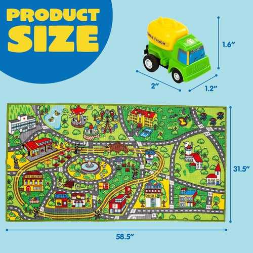 Carpet Playmat for Kids Age 3+, 12 Cars Pull-Back Vehicle Set Toy, Jumbo Play Room Rug, Indoor City Pretend Play, Perfect Christmas Birthday Gifts for Boys And Girls