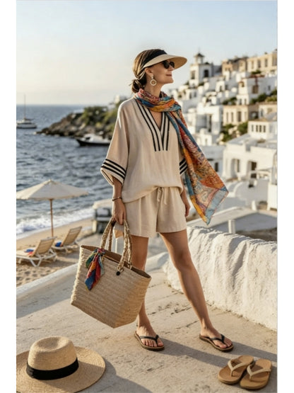 A New French Laid-Back Greek Vacation Style V-Neck Black Striped Women's And Faux Linen Top+ Shorts for A Comfortable And Casual Seaside Vacation 2pcs Set