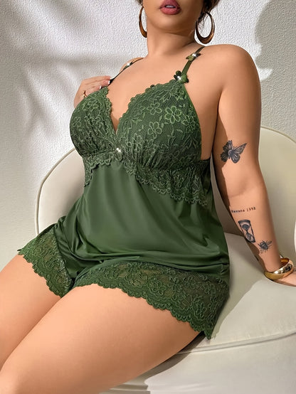 2025 Summer Plus-size Pajama For Chubby, Lace Two-piece Sexy Deep V Halter Shorts Home Wear Set