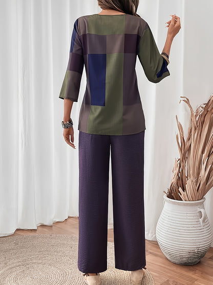 Elegant Women's Two-Piece Set - Round Neck Top And Wide Leg Pants with Checkered Patchwork Print, Polyester Material, Simple And Casual, Soft And Skin-Friendly, Perfect for Spring And Summer