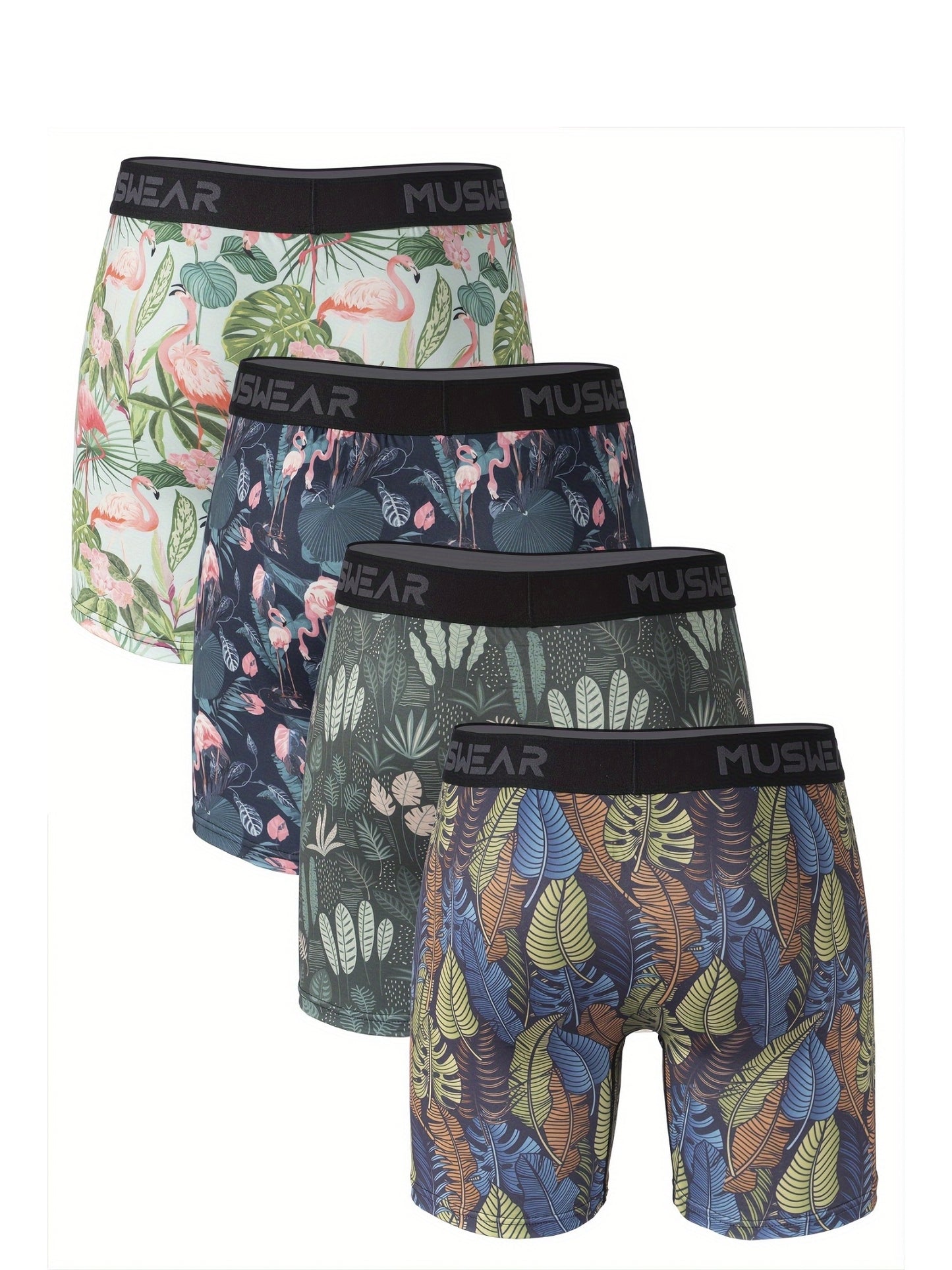 MUSWEAR Men'S Quick-Dry Boxer Briefs - Moisture-Wicking, Breathable with Side Openings, Long Style, Flamingo Print, Stretchy & Comfortable Underwear