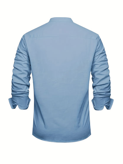 Plus Size Men'S Solid Shirt, Casual Breathable Half Button Cotton Blend Stand Collar Long Sleeve Shirt For Outdoor Activities, Men'S Clothing