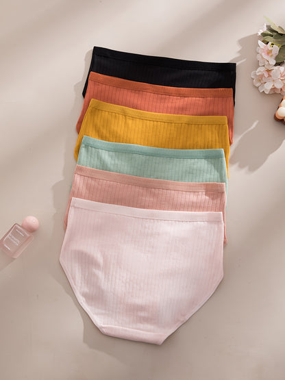 6pcs, Ribbed Underwear, Random Color, Women's Comfortable Breathable Triangle Panties, Soft And Simple Mid-Waist Thong, Maternity Clothes Women