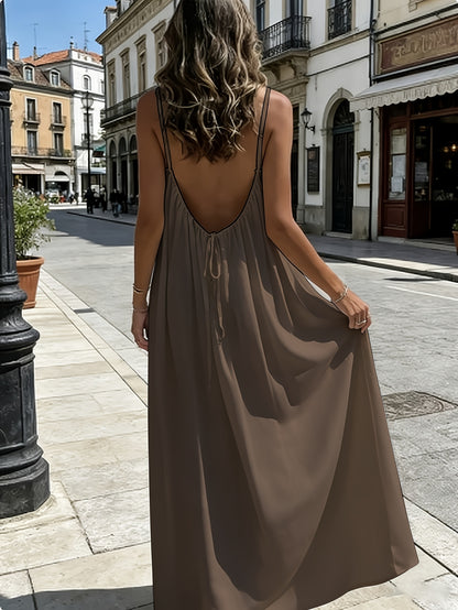 Women'S Solid Color Open Back Tie Loose Casual Maxi Slip Dress