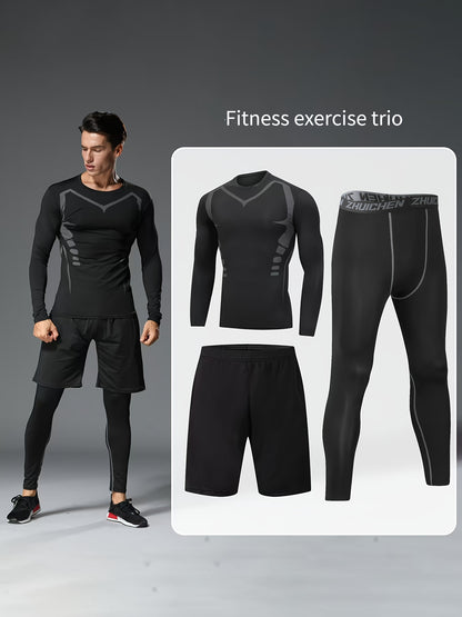 3pcs Men's Night Running Reflective Dry Tight Body Shaping Sports Suit Gym High Elastic Training Clothes Breathable Fitness Clothing, Night Running Gear, Reflective Workout Wear, Men's Sports Suit, Reflective Activewear, Sporty Aesthetic, Seamless Sportsw