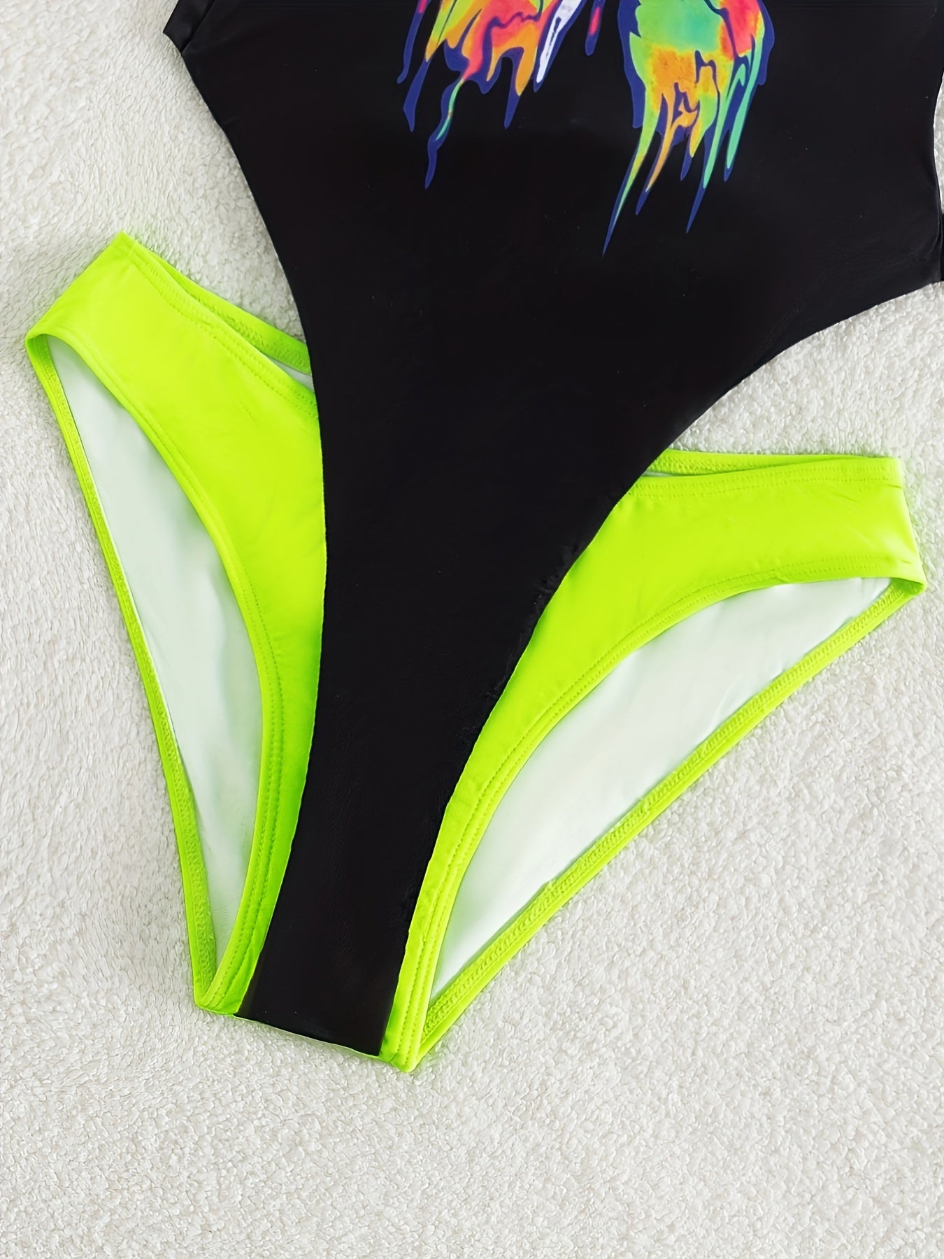 Butterfly Print One Piece Swimsuit, Contrast Color Halter Neck Cut Out Backless High Cut Bathing Suit, Women's Swimwear & Clothing