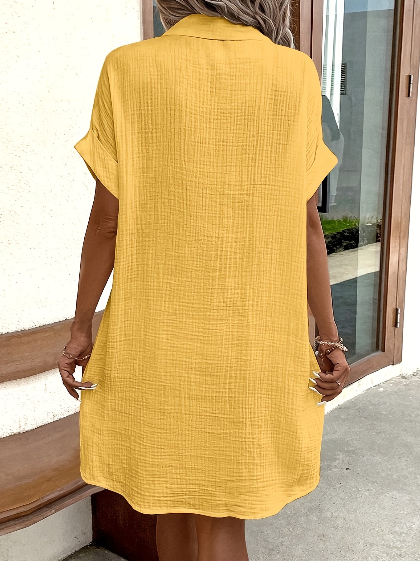 Women's 100% V-Neck Short Sleeve A-Line Dress - Button-Front Blouse Dress, Soft Breathable Casual to Semi-Formal Wear, Machine Washable All-Season Outfit (No) - Pure Shirt Dress
