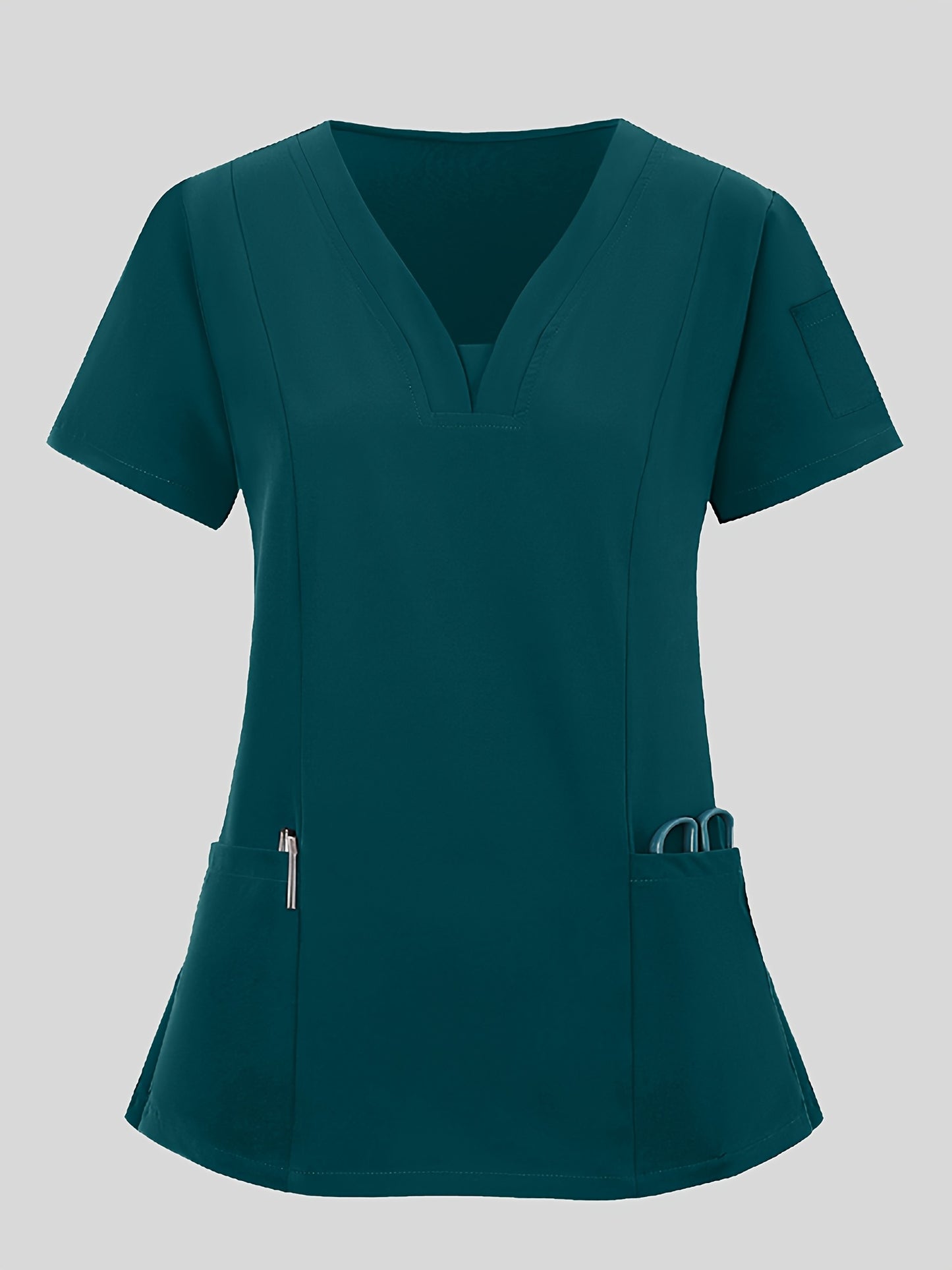 2pcs Women's Breathable V-Neck Work Uniform - Machine Washable Pocket Detail Matching Top & Pants, Casual Work Clothes Suitable for Work Uniforms, Healthcare, Education, Retail - Comfortable Professional Attire
