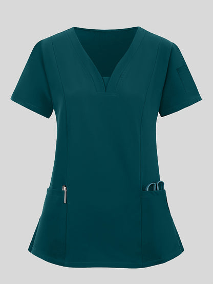 2pcs Women's Breathable V-Neck Work Uniform - Machine Washable Pocket Detail Matching Top & Pants, Casual Work Clothes Suitable for Work Uniforms, Healthcare, Education, Retail - Comfortable Professional Attire