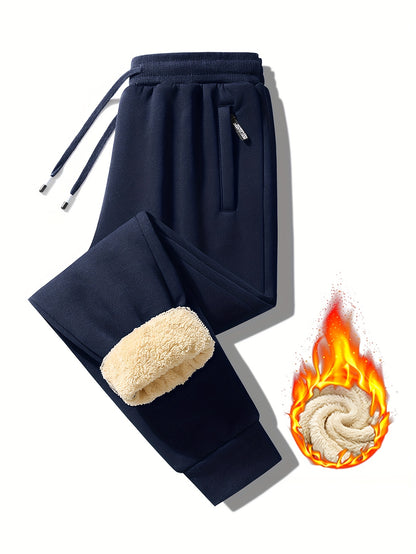 2pcs Winter Men's Warm Lamb's Fleece Casual Pants, Loose-Fit Essential for Home and Daily Wear, Simple Fleece-Lined Casual Pants with Elastic Waistband, Hidden Zipper Pocket Design, Cuffed Hem for Warmth, Loose and Long Fit. Simple and Versatile