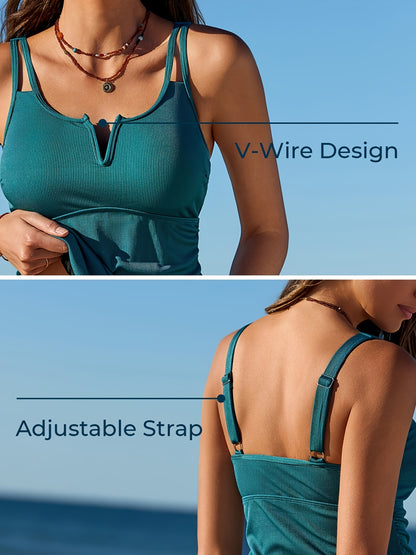 Tankini Swimsuits For Women Bathing Suits Top Ruched Two Piece Tummy Control Round Neck With V-Wire Swim Suits