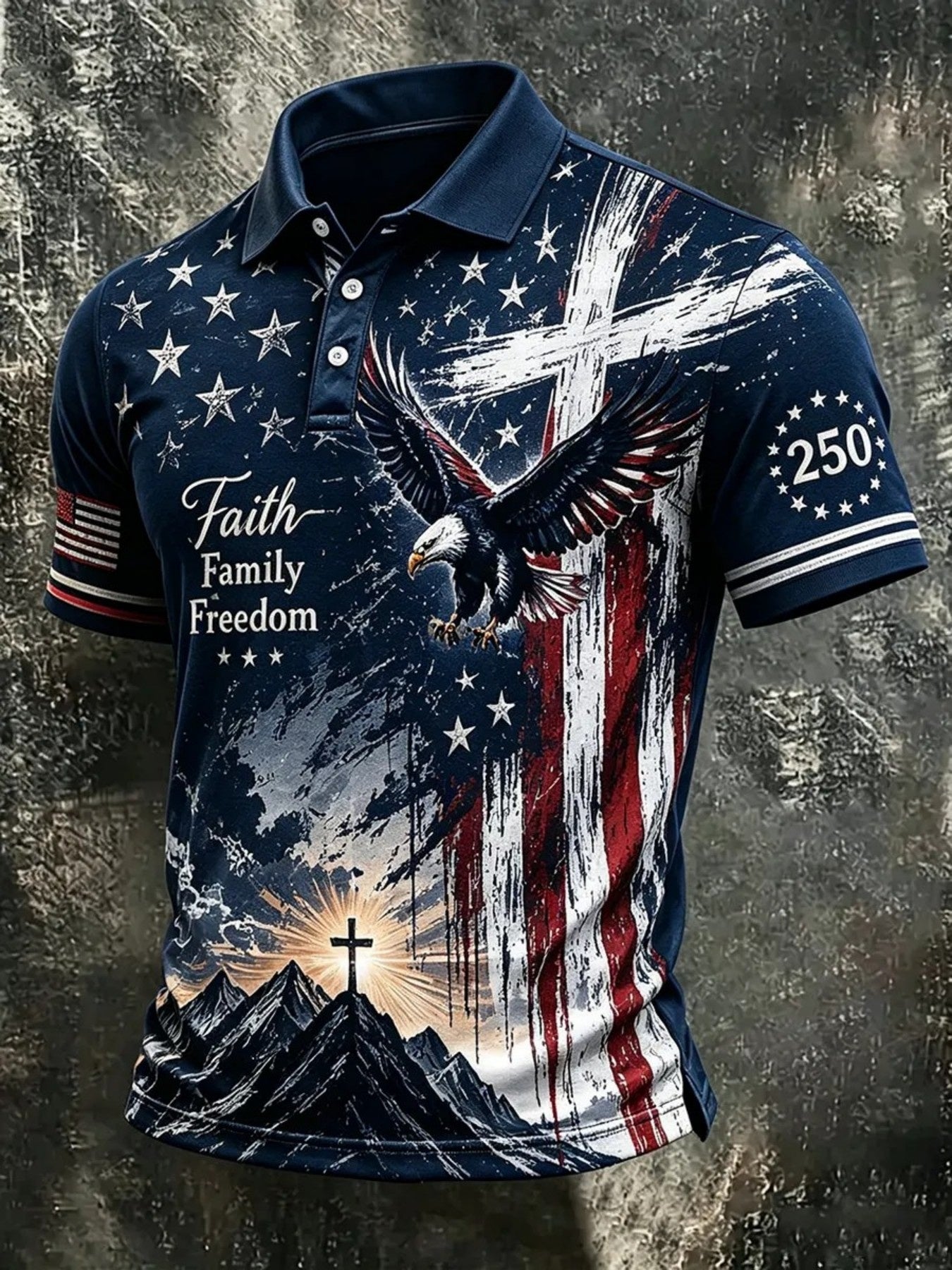 Men'S Christian Patriotic Polo Shirt Full Print Bald Eagle & Mountain Cross Sunrise, Faith Family Freedom Text, Vintage USA Flag, 250Th Surrounding Star Sleeve Patch Sport Golf Tee