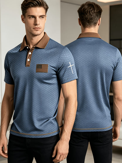 American Flag Gradient Cross Print Polo Shirt for Men's Casual Lapel Short Sleeved Patriotic Themed Commuting Top, American Flag Armband Contrasting Striped Short Sleeved Casual Business Lapel Top