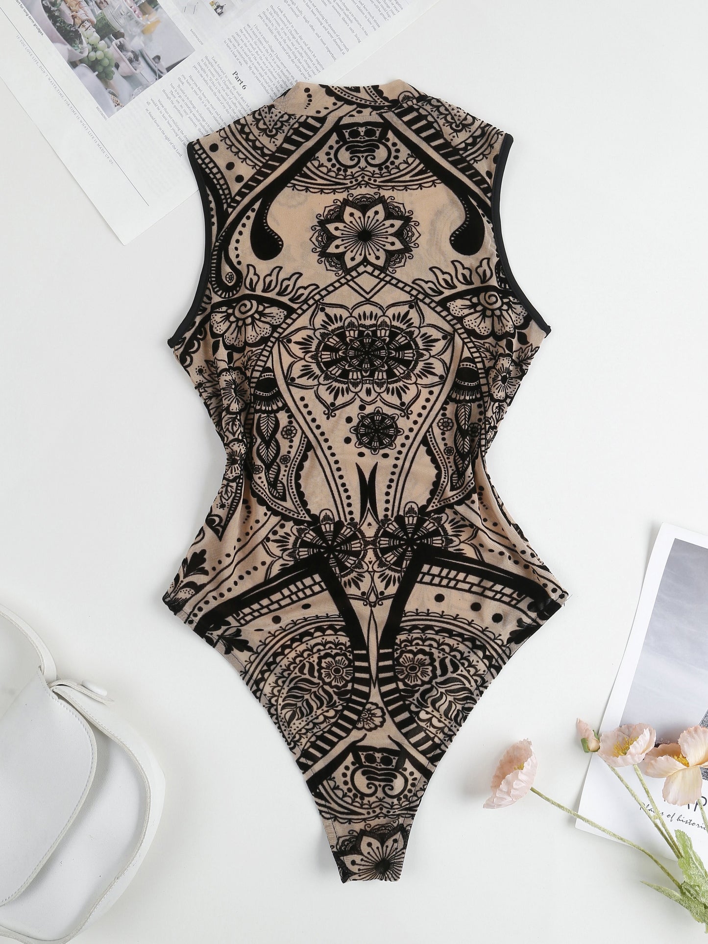 Elegant Sheer Mesh Bodysuit with Tropical Print - Sleeveless, Stretchy & Machine Washable for Women