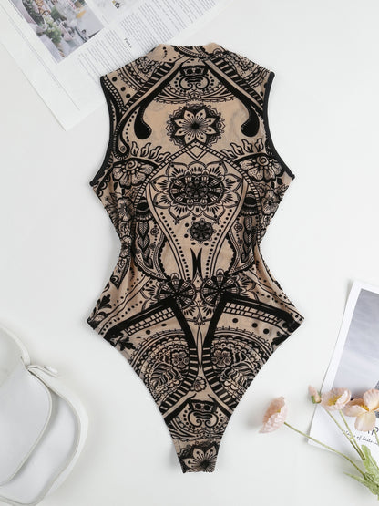 Elegant Sheer Mesh Bodysuit with Tropical Print - Sleeveless, Stretchy & Machine Washable for Women