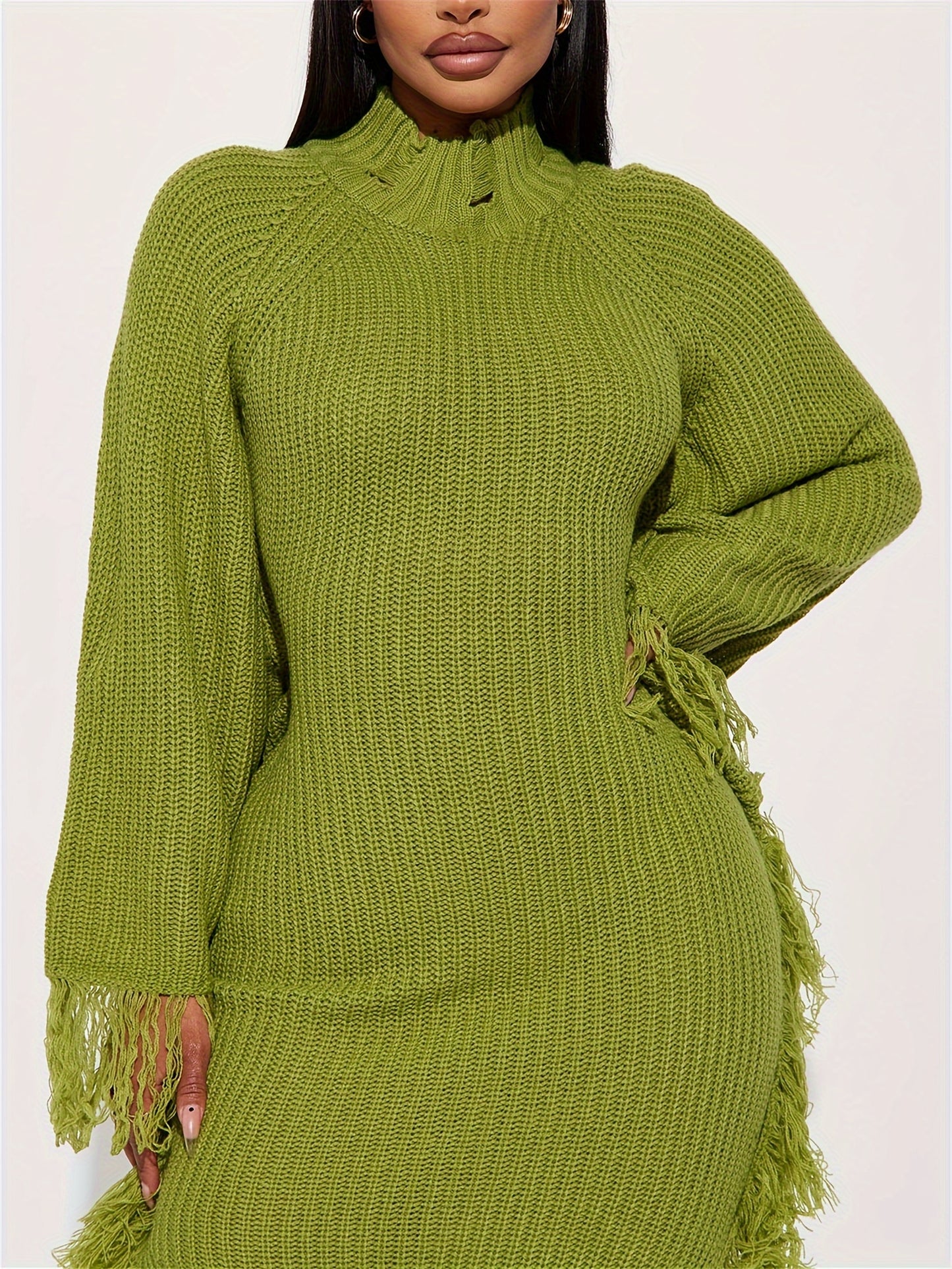 Gifts for Her, Fringe Trim Sweater Dress for Women, Batwing Long Sleeve High Neck Maxi Dress with Asymmetrical Hem, Sexy And Chic Style, for Fall Winter