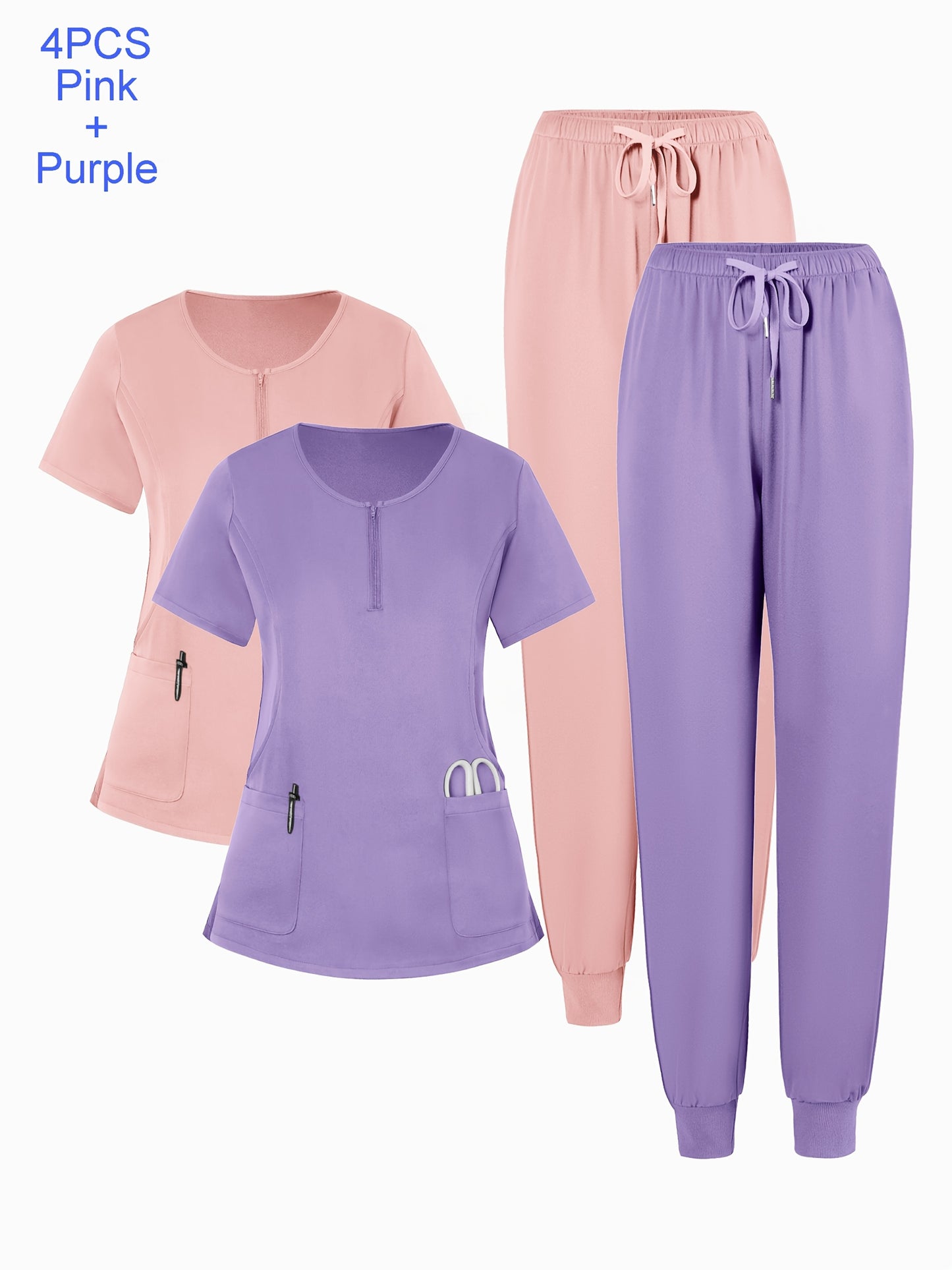 4pcs Set Of Multi-color Women's Round Neck Zipper Matte Breathable Sports Uniform Pocket Hand Washing Work Clothes Brush Hand Clothes Tying Feet Pants Set
